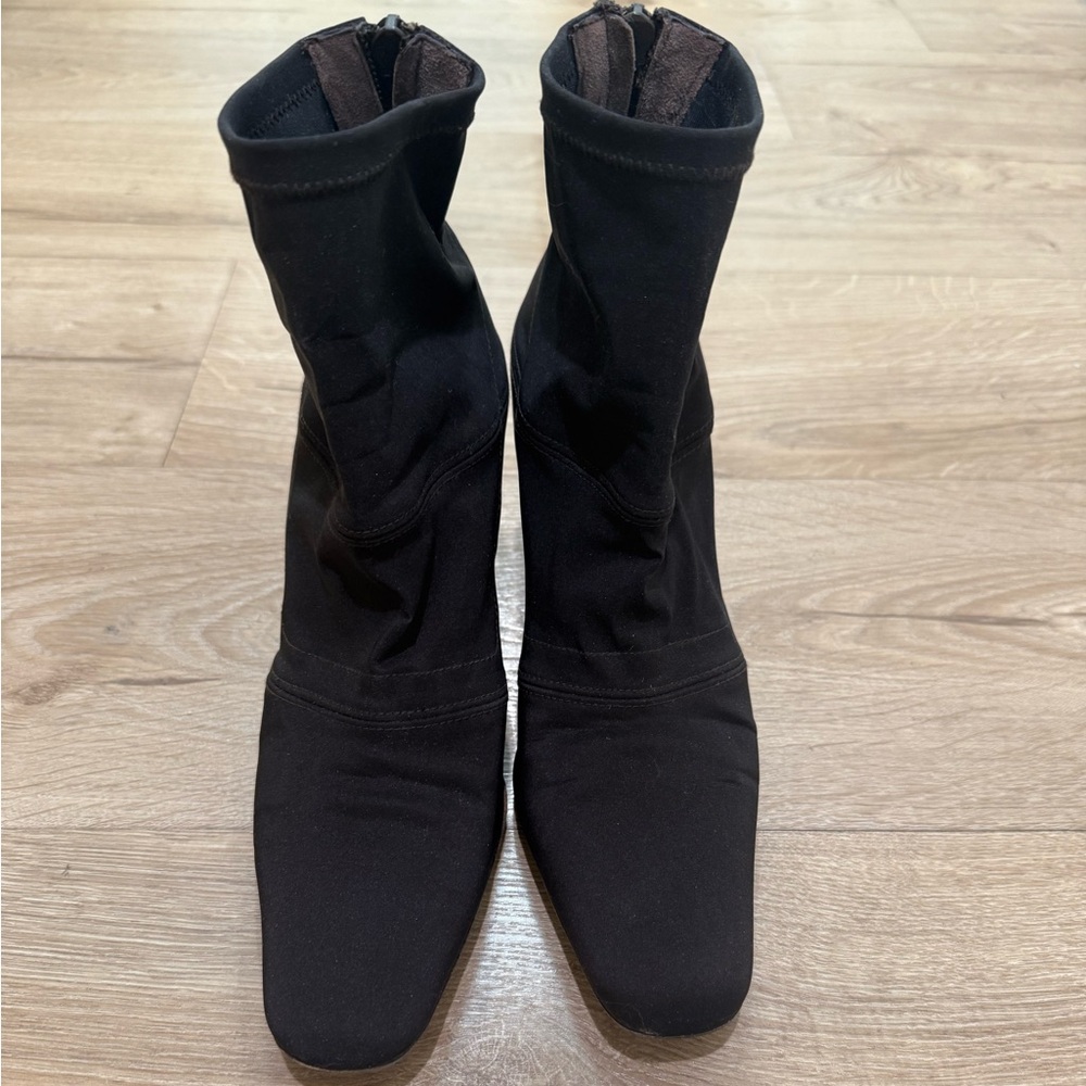 DKNY Dark Brown Stretchy Sock Bootie back zip square toe heeled  made in Spain 8